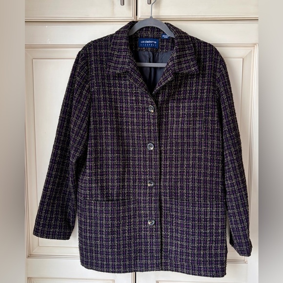 Liz Claiborne Black/Purple Plaid Button-Front Pea Coat/Blazer Wool blend. Med - Picture 1 of 4